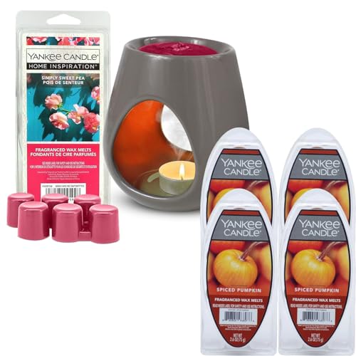 Yankee Candle Ceramic Wax Melts Warmer with Gift Box kit, Sweet Pea 75g + 4x Spiced Pumpkin 75g