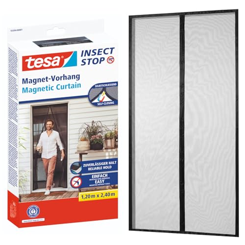 tesa Insect Stop - Cortina Mosquitera Magnética con Cierre Automático - Malla Protectora Contra Insectos para Puertas de Balcón y de Patio - Fácil Instalación sin Taladrar - 2,4 m x 1,2 m