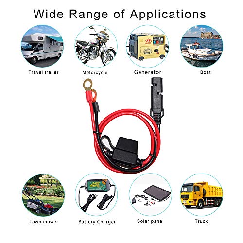 [2 Pack] Sparking 2Ft Motorcycle Battery Charger Cord, Sae To O Ring Terminal Quick Disconnect Assembly Extension Cable, Sae 2Pin Wire Harness Reverse Polarity Adapter Port Accessory, 10A Fuse #TOP6