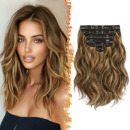 BARSDAR Extensiones de Clip de Pelo, 30cm Corta Ondulado Extensiones de Cabello para Mujer 6 Piezas Rizado Natural Sintética Clip en Postizos Extensiones Pelo - Marrón Chocolate con Reflejos