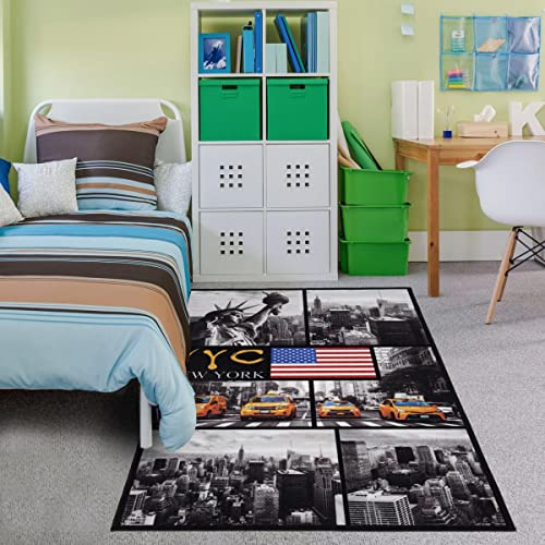 Tapis Salon 100x150 cm Rectangulaire New York Noir Chambre adapté au Chauffage par Le Sol