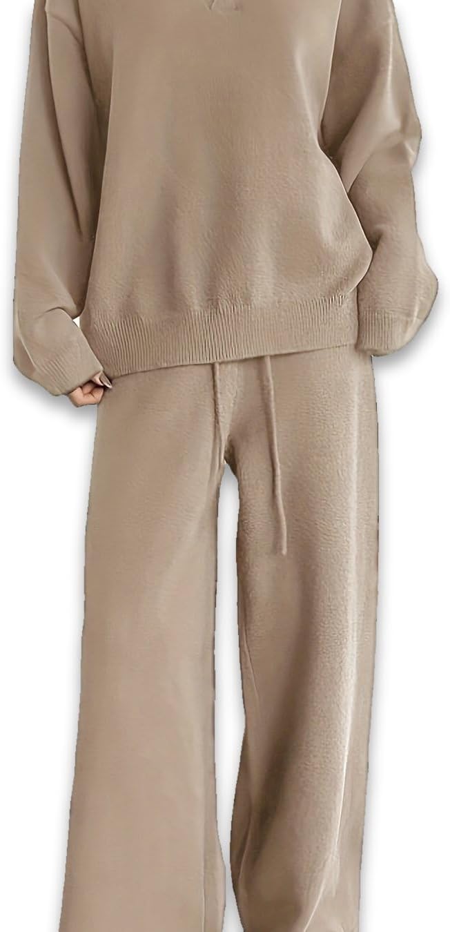 Women's Loungewear Wide Leg Acrylic Top and Pants 2 Piece Set, Matching Outfit for Lounge Home Wear, Autumn Winter