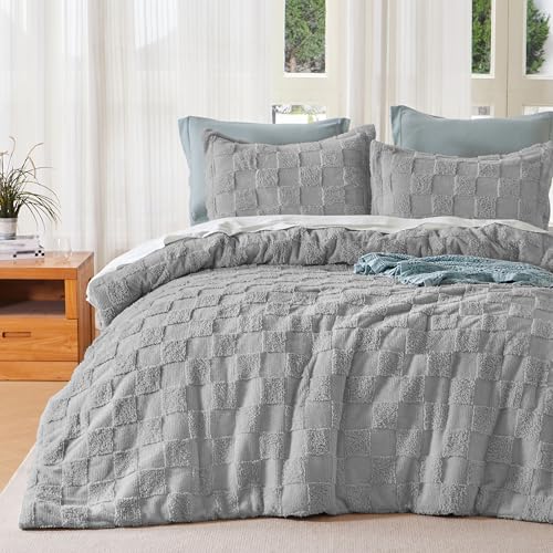 Joiedomi Tufted King Size Comforter Set, 3 Pieces Grey Boho King Bedding Set with 1 Plaid Geometric Comforter and 2 Pillow Shams, Checkered Bed in a Bag for All Seasons