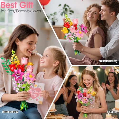 Ramo de flores de construcción de 765 piezas con rosas artificiales decorativas 7