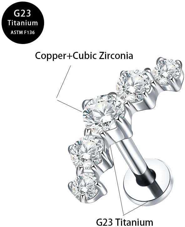 G23 Titanium CZ Climber Flat Back Stud Earrings for Women 18G Internally Threaded Cartilage Conch Helix Earring Studs Sparkling Labret Monroe Lip Rings Medusa Piercing Jewelry Hypoallergenic - Image 6