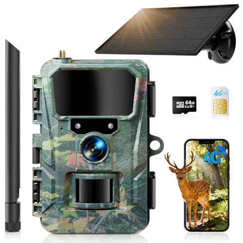 WOLFANG 4G/LTE Wildkamera Solar, 2K 48MP Live Übertragung Wildkamera mit Handyübertragung App, 5200H mAh Akku, Wildtierkamera mit Nachtsicht Bewegungsmelder mit 64G Speicherkarte IP66 Wasserdicht