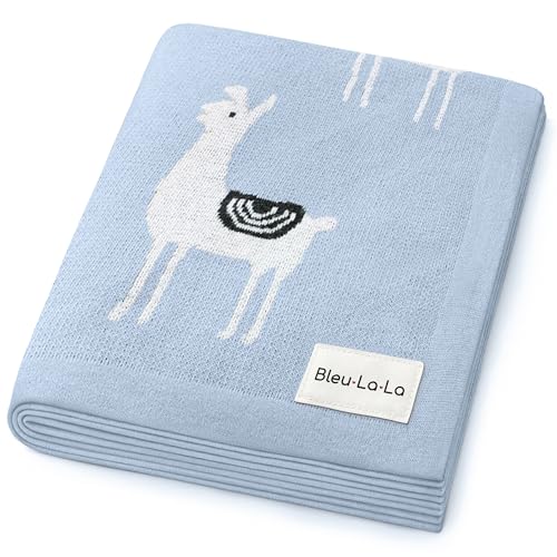 Image of Bleu La La Baby Receiving Swaddle Stroller Blanket - 100% Fine Loomed Cotton Cozy Cuddle Crib Stroller Unisex Quilt Knit Blanket for Newborns Infants Toddler Boys and Girls (Llama - Baby Blue)