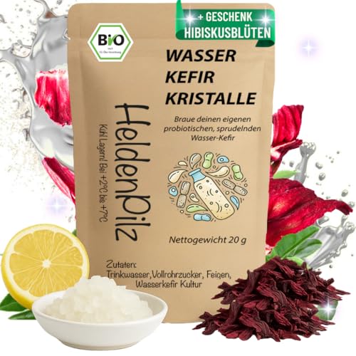 HeldenPilz® BIO Wasserkefir Kristalle (30g) – Japankristalle zum Wasserkefir selber machen | Aktive Kefirknollen | Kefir Starter Set mit Anleitung | Wachstumsstarke Starterkultur