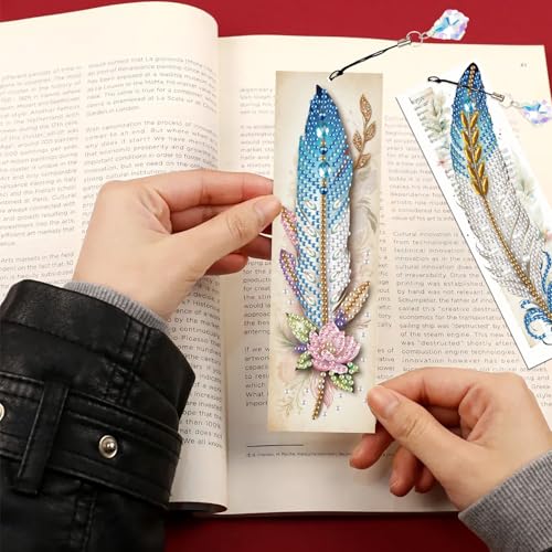 Image of 4-Piece 5D Diamond Painting Bookmarks Set, DIY Craft Kit with Rhinestones - Elegant Vintage Style Feather Design, Perfect for Book Lovers Adults, Unique Diamond Art Craft Bookmarks with Tassels