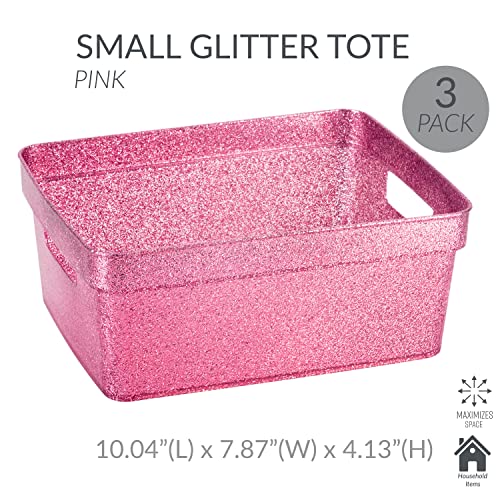 Simplify 3 Pack Small Glitter Tote Bin | Home Storage Basket | Bathroom and Office Organization | Multipurpose | Lightweight | Carrying Handles | Pink2