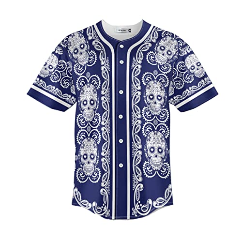 Tatkuink Men's Doodle Floral Pattern of Navy Sugar Skull Short Sleeves Shirt Casual Button Down Top Jerseys Shirt Unisex