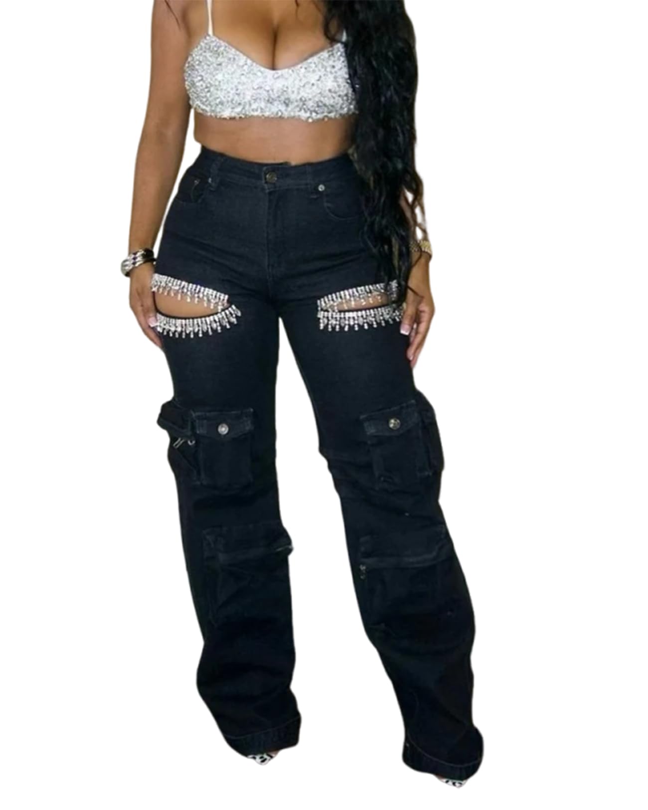 Ryehack Womens Rhinestone Cargo Jeans High Waisted Wide Leg Ripped Baggy Distressed Sparkly Y2K Denim Pants