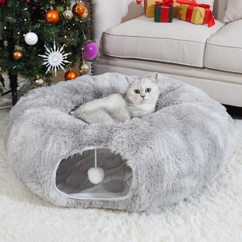 OOZAZEMM Cama tipo túnel para gatos con cojín lavable, túneles para gatos de interior, túnel plegable para gatos medianos y grandes, juguete de cueva Peekaboo, teñido anudado gris