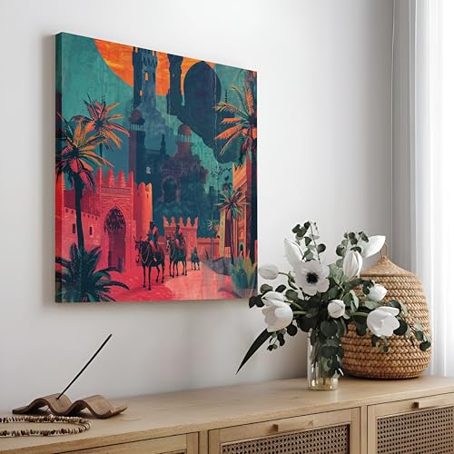 Image of Royal Desert City Stretched Canvas Wall Art Painting for Living Room | Vintage Arabian Landscape Artwork Painting with | Ethnic Decorative Wall Decor for Home & Office