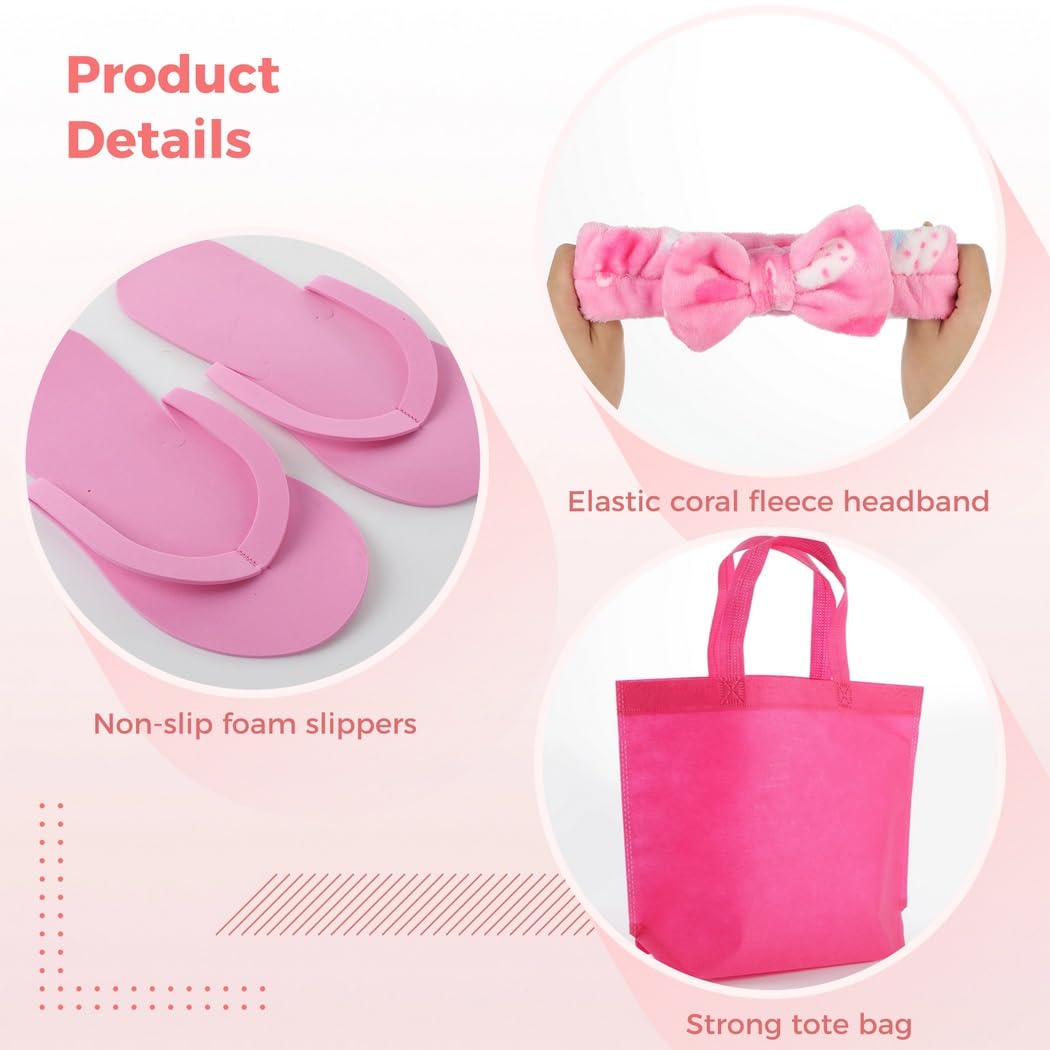 Kit de fiesta de spa de 32 piezas: incluye 8 kimonos de satén, 8 diademas de spa, 8 pantuflas de espuma y 8 bolsas para fiestas de pijamas de niños, fiestas de pedicura y diversión en el salón de
