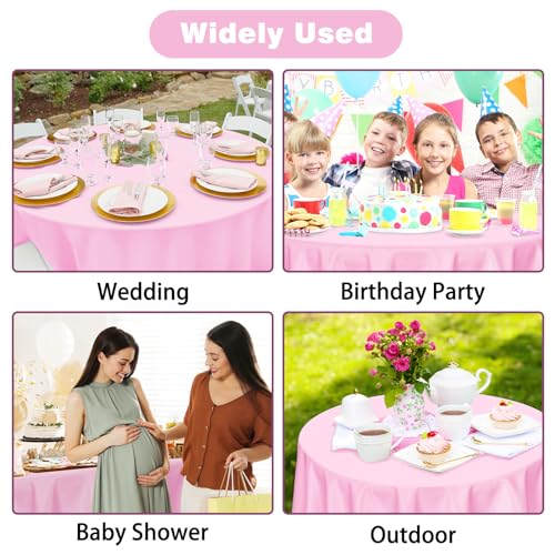 Image of Kopokita 2 Pack Pink Round Disposable Plastic Tablecloths 84 inch | Party Table Covers for Birthday, Baby Shower, Wedding, Valentines, Mothers Day, Easter Decorations