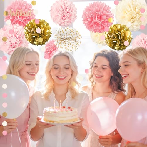 Image of AOBKIAT Wedding Baby Shower Decorations Set,15PCS Pink Gold for Girls Women | with Tissue Paper Pom Poms,Colorful Garland String Hanging Backdrop for Birthday,Bridal Shower,Gender Reveal Celebration