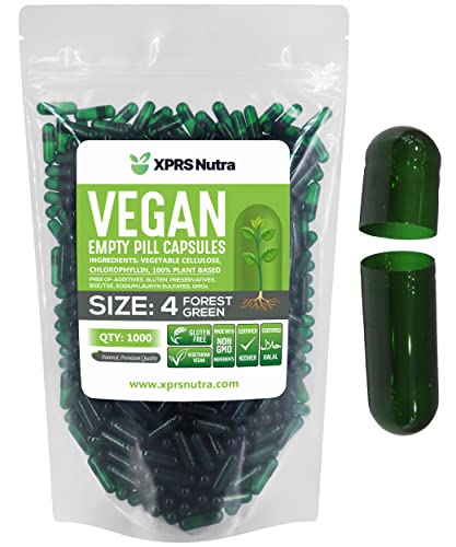 Image of XPRS Nutra Size 4 Empty Capsules - 1000 Count Small Empty Vegan Capsules - Vegetarian Pills - DIY Vegetable Capsule Filling - Fillable Do-It-Yourself Veggie Caps for Supplements (Forest Green)