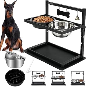 Elevated Dog Bowls with Slow Feeder, Raised Dog Bowl for Large Dogs Adjustable Height with 2 Stainless Steel Dog Food Bowls Spill Proof Mat, Dog Bowls for Large Medium Dogs.(Black)