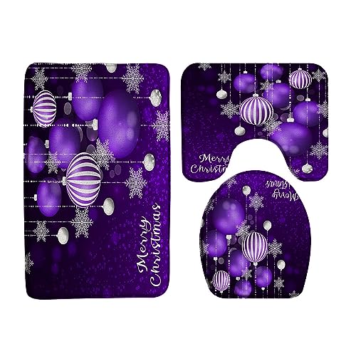 VPUPCN Merry Christmas 3 Piece Bath Rugs Set,Purple Xmas Balls Snowflake Dream Winter Holiday Happy New Year Bathroom Kitchen Rug with 17.8