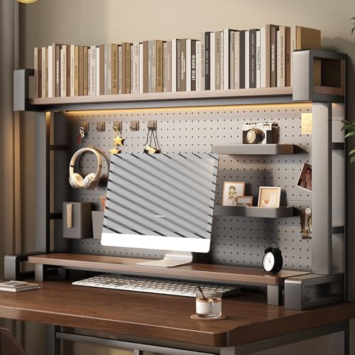 Desk Bookshelf 2 Tier Hutch Storage Shelf, Modern Industrial Desktop Bookshelf Organizer, Low Multipurpose Desk Organizer Shelf 