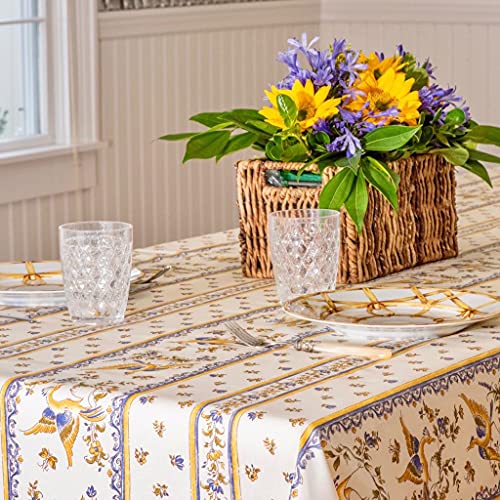 Amelie Michel Wipe-Clean French Tablecloth In Moustiers, Blue | Authentic French Acrylic-Coated 100% Cotton Fabric | Easy Care, Spill Proof [60" X 108" Rectangle] #TOP3