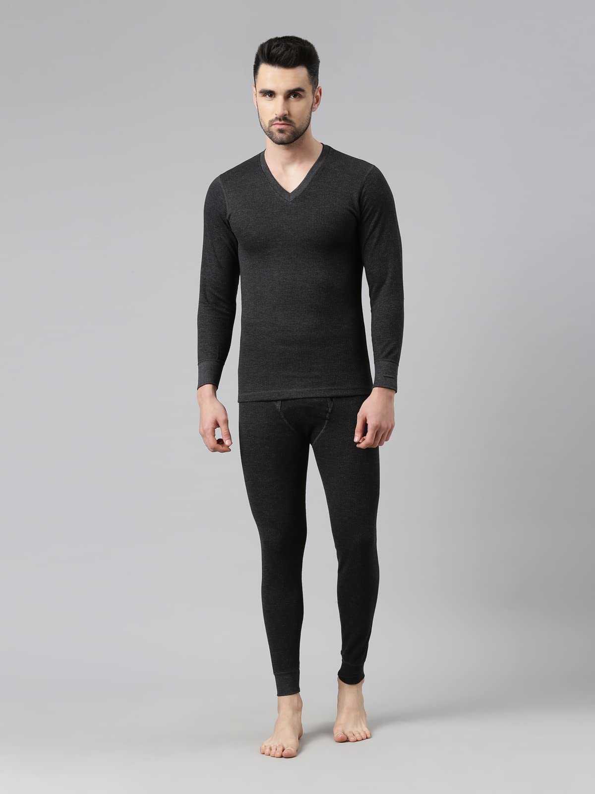 Dixcy Scott Maxmius Mens V-Neck Full Sleeves Solid Print Thermal Tops(Dark Grey Melange)-S 3