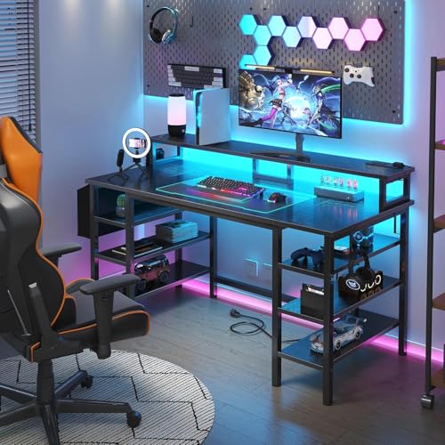Image of Lufeiya Gaming Desk with LED Lights and Storage Shelves, 47 inch Computer Desk with Power Outlets, Home Office Desk with Monitor Stand, Writing Table PC Desks, Black