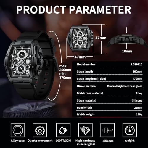 Image of LIGE Mens Watches Luxury Tonneau Watches for Men Waterproof Analog Watch Chronograph Calendar Date Men's Dress Business Work Watch Large Square Face Wristwatch