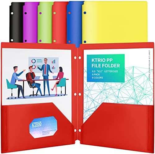 KTRIO Pocket Folders 2 Pocket Folders 3 Hole Punch- (6 Pack, Assorted Colors) Plastic Folders for 3 Ring Binder Folder with Pockets Letter Size Pocket Folders Colored Poly Folders for School