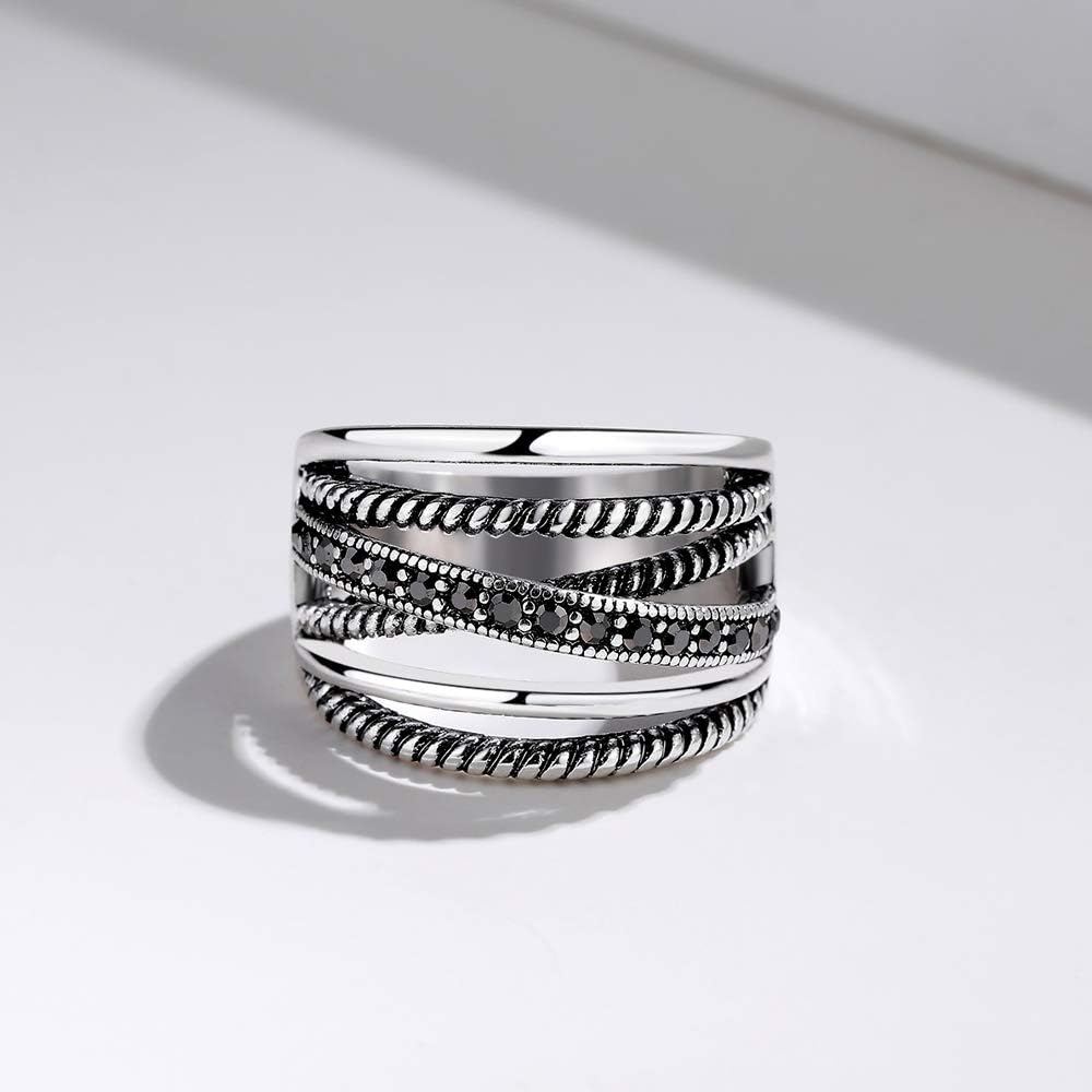 Oxidized Silver Marcasites Cable Crossover Statement Rings Costume Rings for Women - Image 3