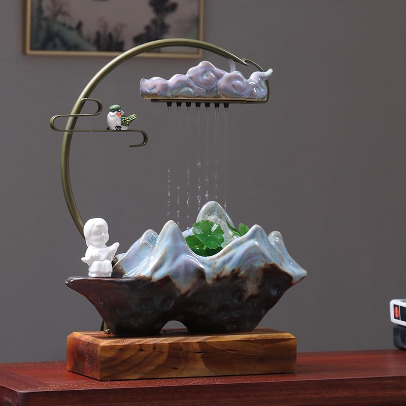 Fuente Decorativa de jardín, Fuente de Agua con Cascada, de cerámica, con función humidificadora, Bomba de Agua, Feng Shui Zen, decoración para salón, Dormitorio, Oficina, 32 x 12 x 40 cm
