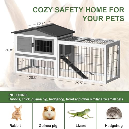 TIMHAKA 58\" Rabbit Hutch, Two Floors Wooden Rabbit Cage Indoor, Waterproof Outdoor Bunny Cage with No Leakage Pull Out Tray and Stair, Openable Top Bunny Hutch, Chicken Coop for Rabbits, Guinea Pig