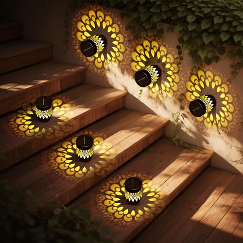 Image of Neoglint Warm White Solar Fence Lights Outdoor Metal IP55 Waterproof | Projects peacock pattern, Durable iron & ABS, 12h long illumination, Auto ON /OFF for garden, wall, deck and step decor