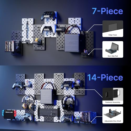 Image of PEGZONE Controller and Headphone Holder Wall Mount, Modular Gaming Pegboard with Accessories, Controller Stand for Xbox PS5 PS4 Switch, Video Game Storage, Disc Shelf, 7pcs Pegboard, Black & White