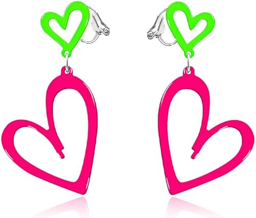 Aretes de neón de los años 80 con clip para mujer, aretes retro punk de doble corazón hueco de los años 80, accesorios de atuendo