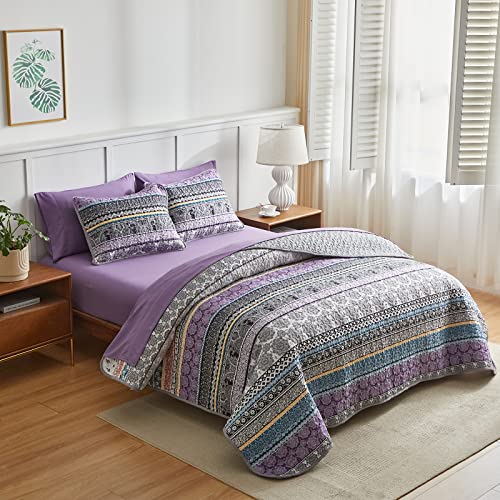 Flysheep Purple Boho Quilt Set 7 Pcs Bed In A Bag, Colorful Rainbow Bohemian Striped Queen Coverlet Bedspread (1 Reversible Quilt 88X88, 2 Pillow Shams, 1 Flat Sheet, 1 Fitted Sheet, 2 Pillowcases) #TOP18