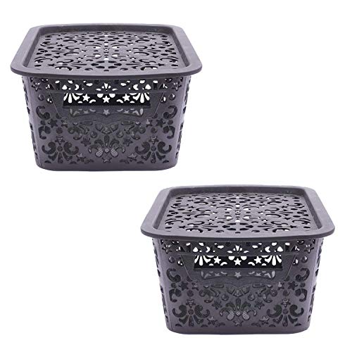 Image of Cutting Edge Essentials Plastic Storage Baskets /Shelf /Turkish Rack with Lid - Set of 2 for Fruit Vegetable Bathroom Stationary Home Basket with Handle (Black, Small)