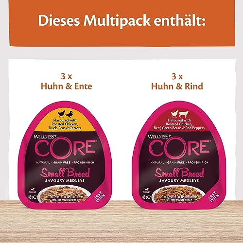 Wellness CORE Savoury Medleys 6 x 85g, Huhn, Ente & Rind Mix – Hundefutter Nass für Hunde Kleiner Rassen, getreidefrei, natürlich, hypoallergen, proteinreich, hoher Fleischanteil
