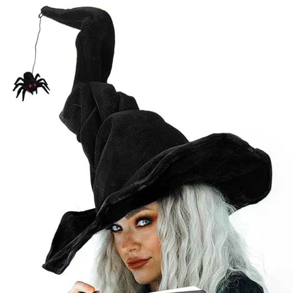 Obotsnoi Halloween Witch Hat with Tulle Feathered Party Wizard Hat Unisex Pointed Witch Caps Adult Kids Cosplay Costume