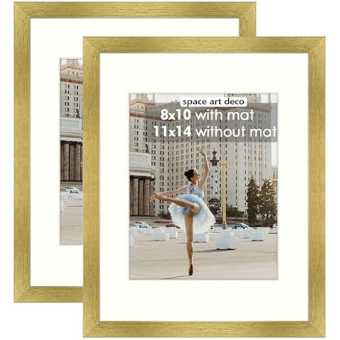 Space Art Deco, 11x14 Picture Frame in Gold, Display Pictures 8x10 with Mat or 11x14 Without Mat, Real Glass, Wall Gallery Photo Frames, Set of 2 Cover