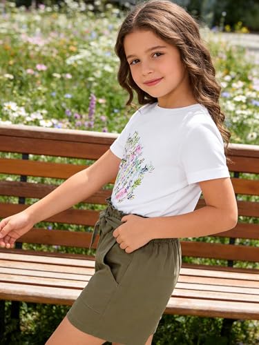 Image of KIDLAGA Toddler Kid Girl Outfits Clothes Floral Short Sleeve T-Shirt Top + Waist Pocketed Summer Short Sets 4-7T Girl Clothes