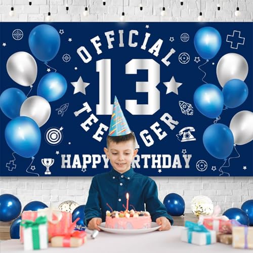 Image of Happy 13th Birthday Decorations Large Official Teenager Backdrop Banner for Boys Girls Navy Blue White 13 Year Old Birthday Party Photo Props Decor