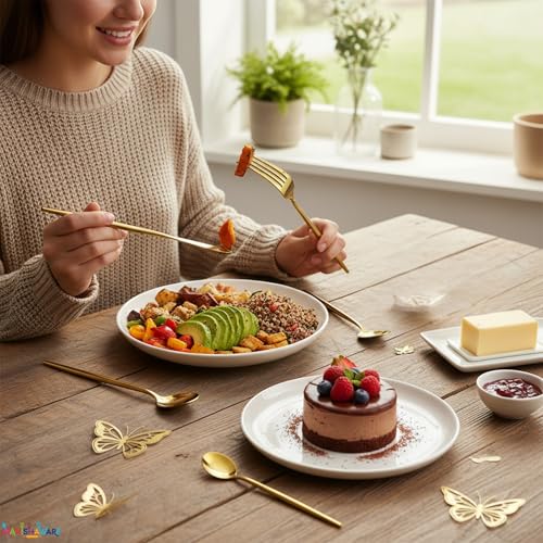 Image of Slim Handle Gold 20 Pcs Stainless Steel Cutlery Set for Dining Table, Dishwasher Safe Glossy Flatware (5 Spoon Set + 5 Forks Set + 5 Butter Knife + 5 Dessert Spoon)