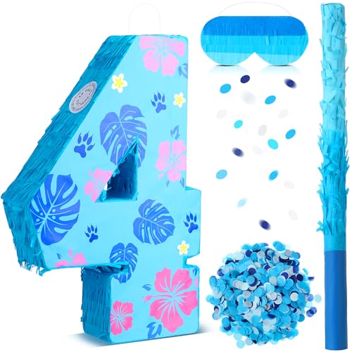 Tasdurian Hawaii Number 4 Piata 16 Inch Blue Tropical Theme Piata with Stick Blindfold Confetti for Birthday Party Supplies Decorations Anniversary Celebration