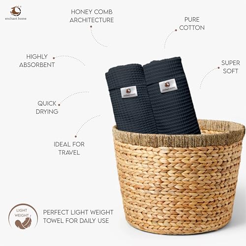 Image of Pure Cotton Waffle Towel | Lightweight | Anti Microbial and Water Absorbent | Soft Touch Quick Drying Hand Towels (Charcoal, Pack of 4)