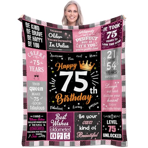75th Birthday Gifts for Women, Unique Happy Birthday Fleece Throw
