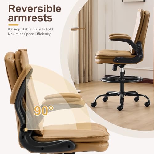 Image of Karl home Tall Drafting Chair, Faux Leather Khaki | 330Lbs Capacity, Tall Office Chair for Standing Desk, Adjustable Height with Foot Ring, Flip-Up Armrests, PU Executive Chair