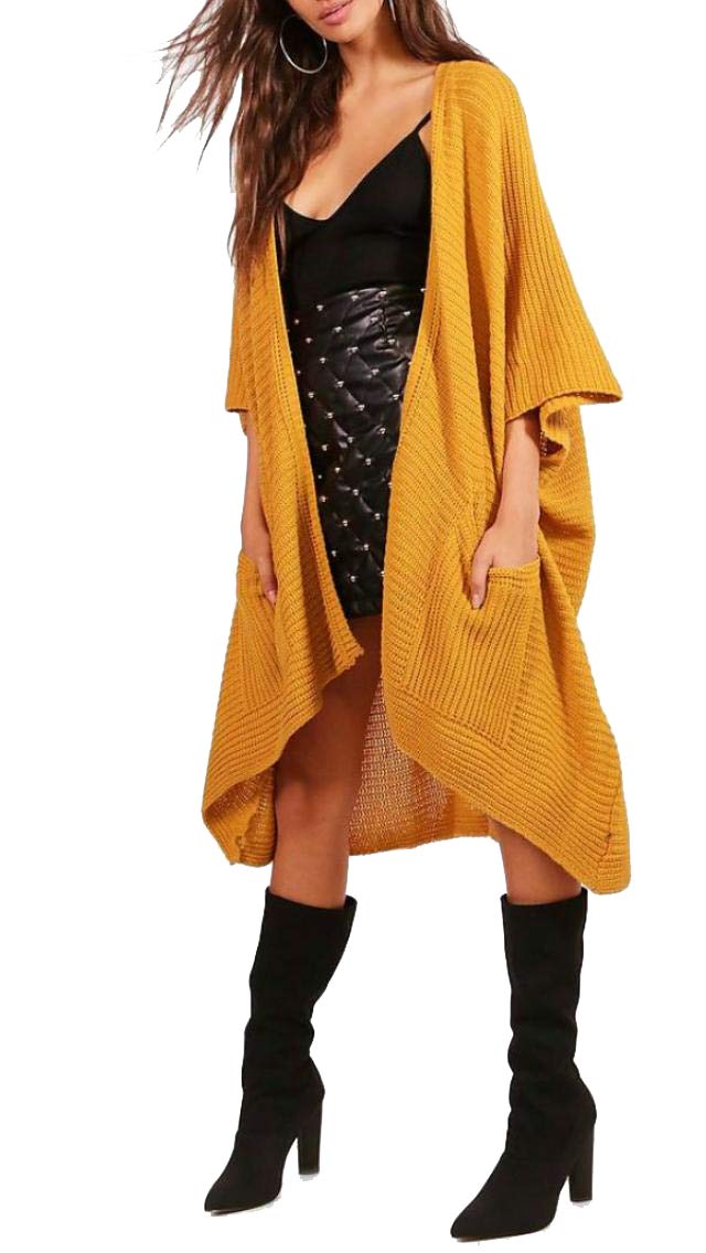 Crazy Girls Womens Chunky Knitted Baggy Oversized Pocket Long Jumpers Cardigans Cape (20-22, Mustard)