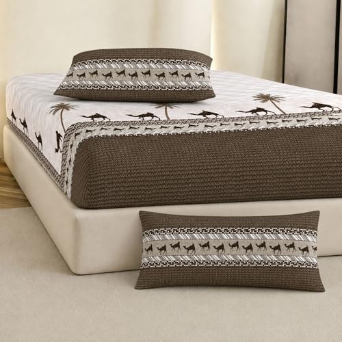 Image of Jaipur Weaves Bedsheet King Size 100% Pure Cotton Bed Sheet with 2 Pillow Covers, 300 TC Premium Bedding Set, 72x78 inches, Soft Breathable Camel Design Bedding (Olive Desert, Super King Fitted)